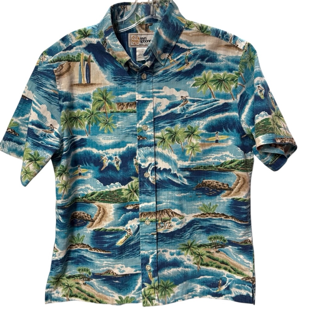 Reyn Spooner Blue Aloha Boys Shirt Sz L
